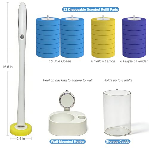 Taiuloo Disposable Toilet Brush, Wall Mounted Toilet Bowl Cleaner Wand & Holder with 32 Refills Scrubbing Pads, Bathroom Toilet Wand Kit Deep Cleaning System