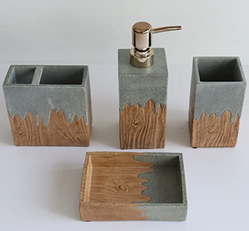 Hymmah Bathroom Accessories Set,Wooden Design Toothbrush Holder,Farmhouse Bathroom Decor,4 Pcs Resin Gift Set Apartment Necessities, Contain Toothbrush Cup,Soap Dispenser,Soap Dish,Tumbler - color: Wooden Design Grey