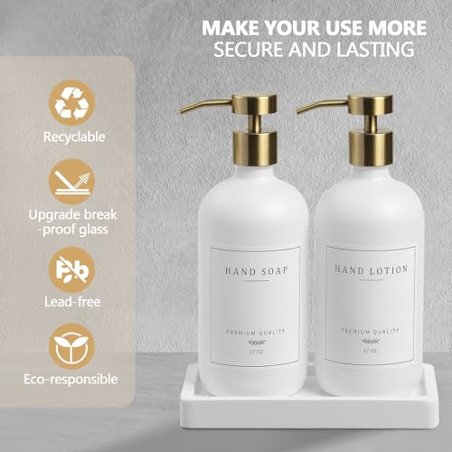 Soap Dispenser Bathroom - Kitchen Dish and Hand Soap Dispenser Set, Glass Bathroom Soap Lotion Dispenser with Pump, Tray, 14 Waterproof Labels, Set of 2 White Bottle/Gold Pump-pd - color: White Bottle/Gold Pump + Tray