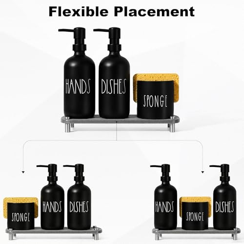 Kitchen Soap Dispenser Set, 16.9 fl oz Hand and Dish Soap Dispensers with Tray, Black Kitchen Soap Dispenser Set with Sponge Holder, Instant Dry Tray, Countertop Sink Organizer Accessories - color: Black Bottle+black Pump