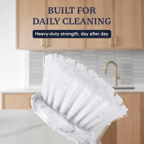 Farberware Dish Brush with Handle, 2 Pack, Firm Bristles | Kitchen scrub brush and dish scrubber removes grease, reaches pot and pan edges, 8in, round head, marble-look design - color: White Marble Round