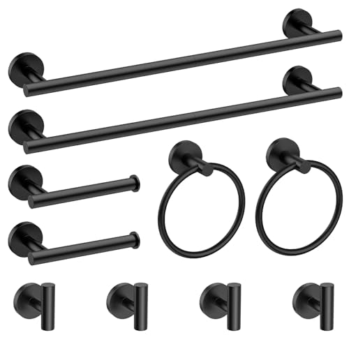 Newfun 10-Pieces Bathroom Hardware Set, Includes 24 Inch Towel Racks for Bathroom Wall Mounted, Toilet Paper Holder, Towel Hooks for Bathrooms, Towel Rings for Bathroom Wall (Matte Black) - color: Matte Black-ring
