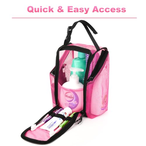 Cosmos Mesh Shower Caddy Toiletry Organizer Hanging Shower Tote Bag, Quick Dry Shower Organizer Portable Bath Bag with Durable Zippers & Side Pockets for Travel Gym Swimming Beach & Camp (Hot Pink) - color: Hot Pink
