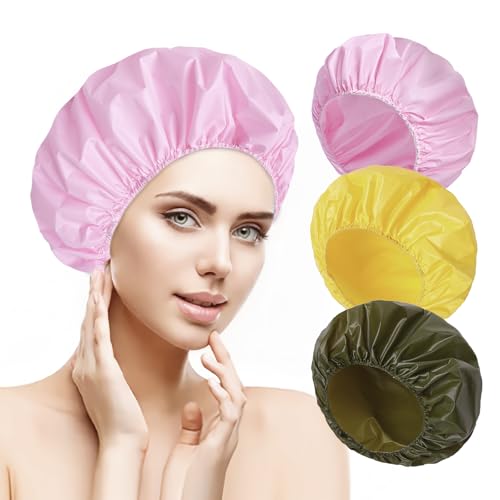 6 PCS Shower Caps for Women, Double Side Waterproof Shower Cap, Reusable Elastic Bath Caps for Shower, EVA Bathing Shower Caps, Bath Hair Caps - Black White Pink Yellow Brick Red Dark Green - color: Solid B - (Black White Pink Yellow Brick Red Dark Green)