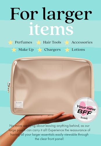 Embla Clear Cosmetic Bag Makeup Case, Clear Zipper Make Up Pouch and Toiletry Travel Tote, Cute Skincare Pouches for Women Girls, Preppy Purse Cosmetic Organizer, Large Makeup Bags, Sand | Large Tan Clear Nylon/PVC Cosmetic Bag with Zipper, Waterproof Bea