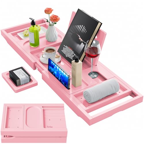 Premium Bathtub Tray Caddy, Expandable Bath Tray, Unique House Warming Gifts, New Home, Anniversary and Wedding Gifts for Couple, Pink - color: Pink