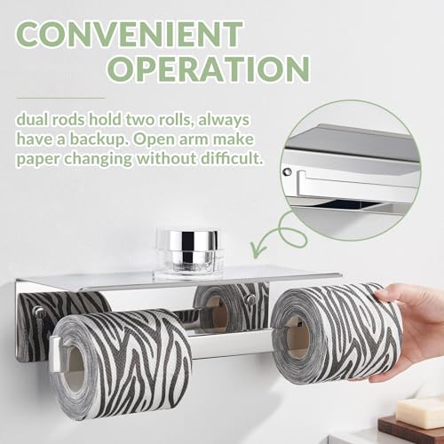 APLusee Double Toilet Paper Holder with Phone Shelf, 304 Stainless Steel Bathroom Tissue Hanger, Wall Mounted Dual Roll Paper Dispenser, Polished Chrome - color: Polished Chrome, size: Double Rod