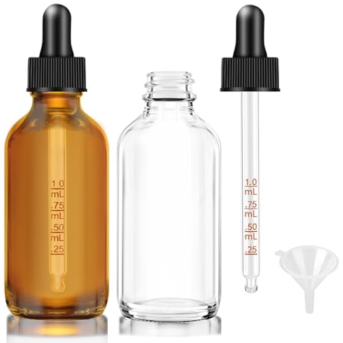 Bumobum 2 Pack 2 oz Clear and Amber Glass Dropper Bottles | Tincture Bottles with Dropper for Essential Oils Bottles with Funnel, Labels and Measured Dropper - Leakproof Caps - color: Clear and Amber