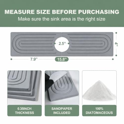 Faucet Mat for Kitchen Sink, Diatomite Quick Drying Stone Mat & Sink Protector, 15.8" x 4" Kitchen Sink Splash Guard, Absorbing Stone Tray for Bathroom Counter (Dark Gray)