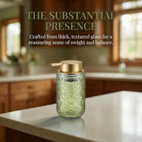 Green and Gold Glass Foaming Hand Soap Dispenser | Matte Gold Pump Embossed Glass Bottle Refillable Bathroom Kitchen Decor 13.5 oz - color: Green and Gold