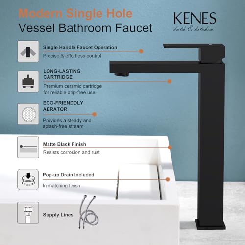 KENES Matte Black Bathroom Faucet Single Handle Tall Vessel Sink Faucet Vanity Bathroom Faucet Basin Mixer Tap with Water Supply Hose and Pop Up Sink Drain, LJ-9031A-2 - color: Matte Black, size: Tall