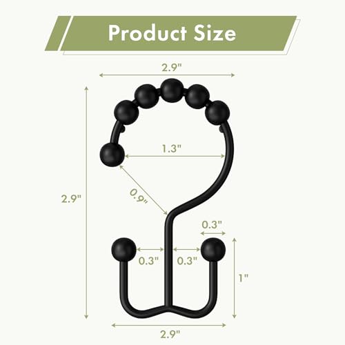 Amazer Shower Curtain Rings, Rust-Resistant Metal Double Shower Hooks for Curtain Rolling Shower Curtain Hooks Rings Shower Rings for Bathroom Shower Curtain Rod, Matte Black, Set of 12 Rings - color: Black, style: Modern - Double Hooks