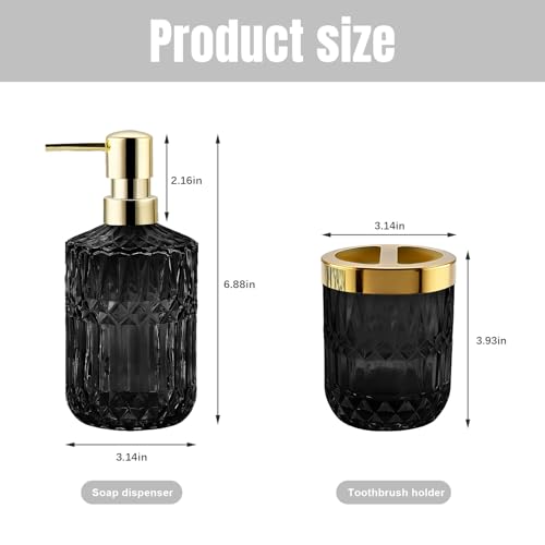 2Pcs Black Bathroom Accessories Set, Glass Bathroom Accessories, Vintage Bathroom Countertop Decoration Includes Soap Dispenser, Toothbrush Holder - color: Black, size: 2 Pcs