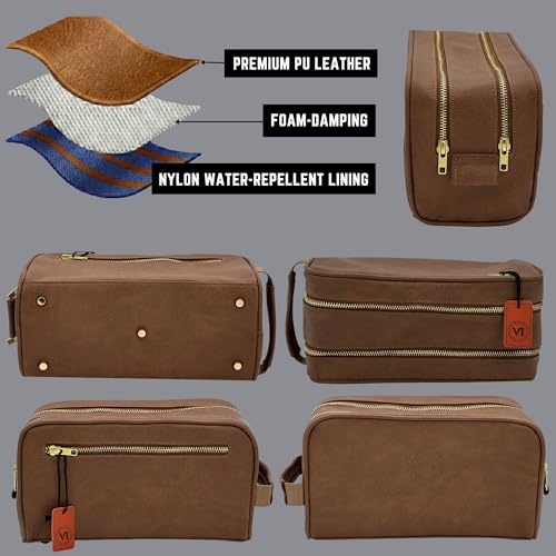 Toiletries bag for men, Premium PU Leather Travel Kit, Metal Zippers & Bottom Studs, Velvet Dust Bag & Shape-Retention Packaging – Gift Ready For Groomsmen, Anniversary, Birthday Gifts / BROWN - color: BROWN
