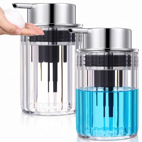 Potchen 2 Pcs Refillable Foaming Hand Soap Dispenser 10 oz Plastic Dispenser Pump Lotion Foaming with Silver Pump for Bathroom Vanities Kitchen(Clear) - color: Clear