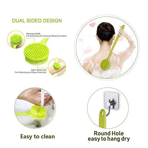 Long Handle Silicone Body Scrubber for Shower, Dual-Sided Back Scrubber Brush with Soft Bristles&Massage Nodes, Exfoliating Bath Brush for Hard to Reach Areas, Easy to Clean & Quick Dry, for Daily Use - color: Green