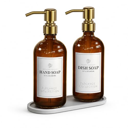 Fachixy Amber Glass Soap Dispenser (2 Pack), 16 Fl Oz Hand & Dish Soap Dispenser Bottles Set with Rust-Resistant Stainless Steel Pump, Non-Slip Pad, 14 Waterproof Labels for Kitchen and Bathroom - color: Amber