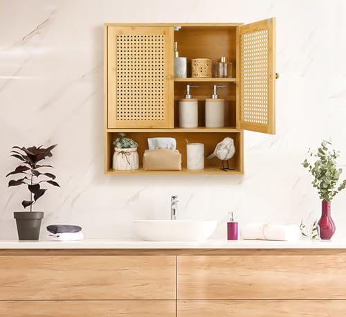 Bamboo Cabinet Wall Mount, Rattan Medicine Cabinet with Shelves and Doors, Wall Cabinet Above Toilet, Storage Organizer for Laundry Room, Kitchen, Living Room - color: Rattan