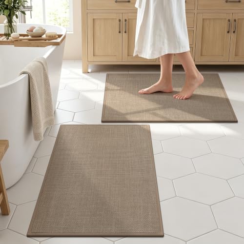SHACOS Bath Mat Set of 2, Ultra Thin Washable Bathroom Rugs, No Slip Rubber Bath Rugs for Bathroom, Quick Dry Absorbent Bathroom Mat for Shower Outside Floor Toilet Sink (17"x24"+17"x24") - color: Brown, size: 17"x24"+17"x24"