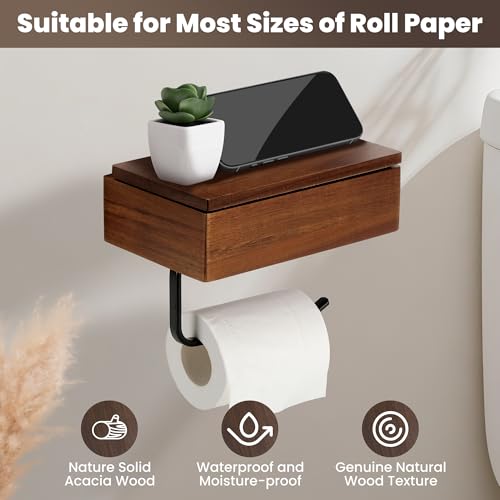 Toilet Paper Holder with Acacia Wood Shelf - Wall Mount & Self-Adhesive Bathroom Tissue Roll Holder, Black Stainless Steel with Storage - Home Apartment Restroom - color: Walnut & Matte Black Storage