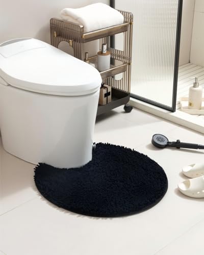 Soft Shaggy Round Toilet Rug U Shaped for Bathroom, Excellent Absorbent Contour Toilet Mat Machine Washable, Non-Slip Microfiber Chenille Bathroom Rugs 24" Black - color: Black