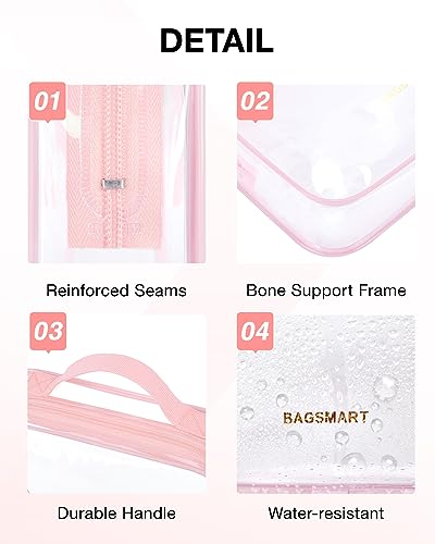 BAGSMART Clear Toiletry Bag, TSA Approved Travel Toiletry Bag Carry On Travel Accessories Bag Airport Airline Quart Size Bags water-resistant Makeup Bag for Women - color: Clear Pink-with handle+180° open, size: 3 Pack, Medium