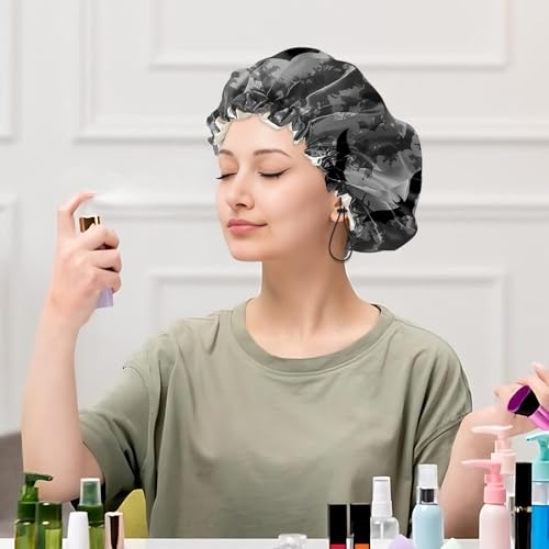 Luxury Shower Cap Satin Silk Lined Adjustable Elastic Reusable Waterproof Shower Bath Cap Cute for Women Girls-Black Bat - color: AK5-Black Bat