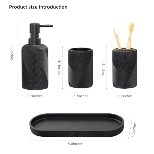 Bathroom Accessories Set, Bathroom Organizer Countertop, Matte Black, 4 PCS | Modern, Simple, Stripe, Resin, With Soap Dispenser, Toothbrush Holder, Mouthwash Cup, Vanity Tray for Home Hotel Office - color: Black1-4pcs