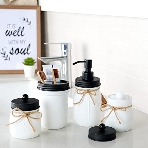 Amolliar Mason Jar Bathroom Accessories Set (4 Pack)—White Retro Lotion Soap Dispenser & 2 Apothecary Jars & Toothbrush Holder- Rustic Farmhouse Restroom, Bathroom Decor Countertop Organizer (Black) - size: White Black, style: Standard-mouth