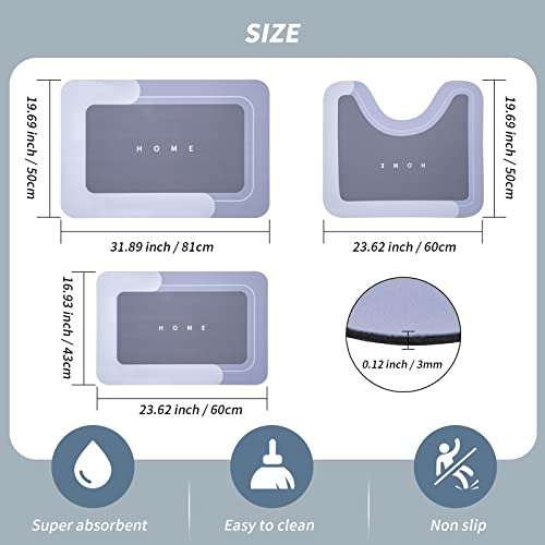 Housego 3PCS Absorbent Bath Mat Magic Rug Sets, Quick Drying Bath Mat Non-Slip Floor Rug Rubber Backed for Bathroom Kitchen Shower Sink (16.9''x23.6''+19.7''x23.6''+19.7''x31.9'', Blue) - color: Blue, size: 3 PCS
