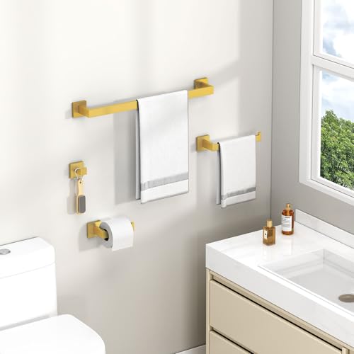 Bathroom Hardware Set 4-Piece, Angle Simple SUS304 Stainless Steel Bath Accessory Kit, Bathroom Fixture Set with Robe Hook, Toilet Paper Holder, Towel Holder and Towel Bar, Brushed Dark Gold - color: Brushed Dark Gold