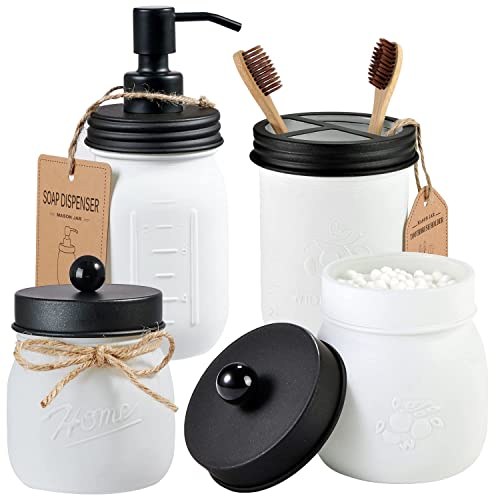 Amolliar Mason Jar Bathroom Accessories Set (4 Pack)—White Retro Lotion Soap Dispenser & 2 Apothecary Jars & Toothbrush Holder- Rustic Farmhouse Restroom, Bathroom Decor Countertop Organizer (Black) - size: White Black, style: Standard-mouth