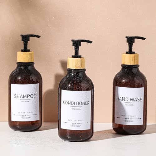 Shampoo and Conditioner Dispenser, 5Pack Refillable Dispenser Bottles,16.9oz Pump Bottles, Amber Shampoo Containers for Shower - color: Amber-b