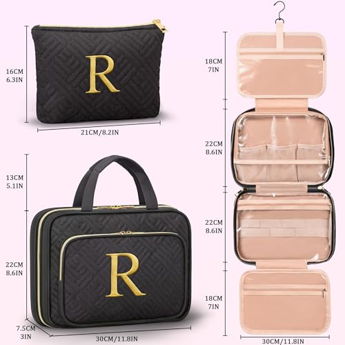 Gifts for Women, Initial Toiletry Makeup Bag Hanging Cosmetic Organizer with Embroidery Letter Personalized Nurse Teacher Appreciation Birthday Mothers Day Gifts for Mom Sister Wife Friends Auntie Her - style: R