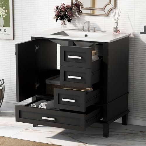 Linique 30" Modern Bathroom Vanity with Sink Combo Set, Solid Wood Frame Bathroom Storage Cabinet with a Soft Closing Door and 3 Drawers, Black - color: Black, size: 30"/ Door without Organizer