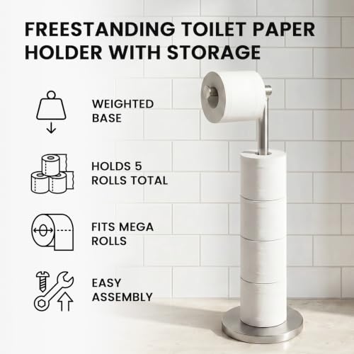 Cesun Extra Weighted Base Toilet Paper Holder Stand - SUS304 Rust Proof Free Standing Tissue Roll Holder for 4 Rolls, No Tipping, No Slipping, Brushed Nickel - color: Brushed Nickel