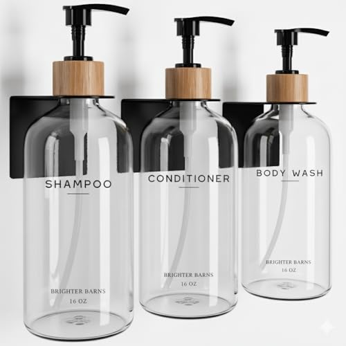 Clear Shampoo and Conditioner Dispenser Set Wall Mounted by Brighter Barns - Plastic Shower Dispenser 3 Chamber No Drill - Refillable Shampoo, Body Wash and Conditioner Bottle for Shower Wall (Clear) - color: Boho (Clear)