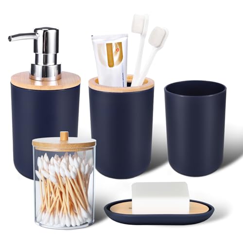 iMucci Bathroom Accessories Set 5Piece Navy Blue Bathroom Sets, Toothbrush Holder, Toothbrush Cup, Lotion Soap Dispenser, Soap Dish and Qtip Holder Bathroom Decor - style: Navy Blue