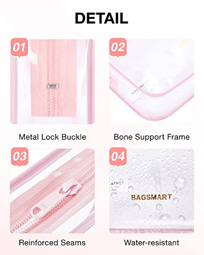 BAGSMART Clear Toiletry Bag, 3 Pack TSA Approved Travel Toiletry bag Carry on Travel Accessories Bag Airport Airline Quart Size Bags Water Repellent Makeup Cosmetic Bag for Women (Pink-3pcs) - color: Candy Pink, size: 3 Pack, Medium