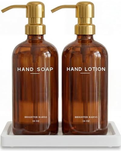 Luxury Glass Soap and Lotion Dispenser Set with Tray by Brighter Barns - Hand Soap Dispenser Bathroom Set w/Stainless Steel Pump - Gold Bathroom Decor for Guest House, Airbnb, Spa, Gift (Amber/Gold) - color: Amber Gold Sl
