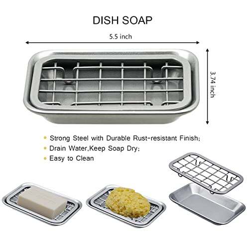 Kitchen and Bathroom Soap Dish Tray - Metal 2-Piece Soap Dish Tray with Drainage Grid and Holder for Kitchen Sink Countertops to Store Soap, Sponges, Scrubbers - Rust Resistant (2 Pack, Silver) - color: Silver