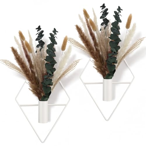 Jexine 4 Pcs Hanging Planters with Artificial Pampas Eucalyptus Metal Hanging Vase Indoor Plants Holder Modern Geometric Boho Bathroom Wall Decor for Living Room Home Office, Matte White - color: Matte White, size: Pampas, Eucalyptus