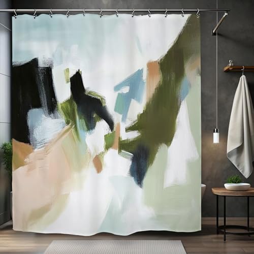 Abstract Green Brushstroke Shower Curtain 60Wx72L Inch Oil Painting Modern Contemporary Art Bathroom Set Accessories Decor with 12 Pack Hooks - color: Green Brushstroke, size: 60"W x 72"L (Pack of 1)