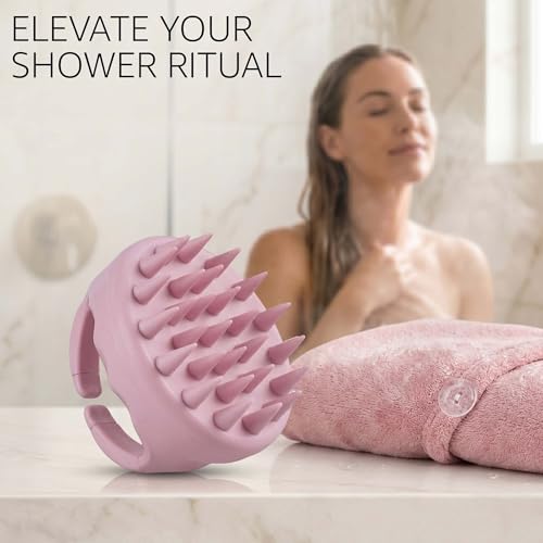 chérie Microfiber Hair Towel Wrap & Silicone Scalp Massager Brush Set - Ultra Absorbent Fast Drying Hair Towel - Anti Frizz Wet Hair Wrap & Soft Silicone Scalp Scrubber for All Hair Types - (Pink)