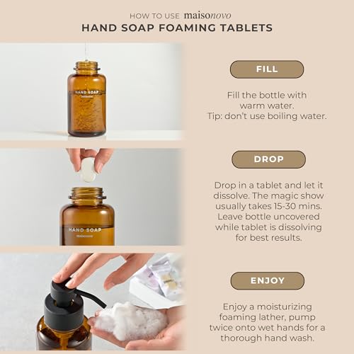 MaisoNovo 14 oz Amber Glass Foaming Soap Dispenser with Black Pump + Mixed 4 Pack Foaming Hand Soap Refill Tablets - color: Amber Bottles/Black Pumps/Tablets