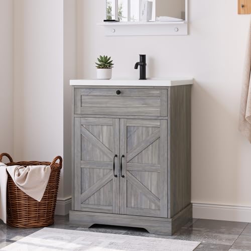 Smart FENDEE 23.62" Bathroom Vanity with Ceramic Sink, Farmhouse Bathroom Vanity Cabinet with Barn Door & Drawer, Freestanding Floor Storage Cupboard with Sink Combo Set, Washed Grey - color: Washed Grey