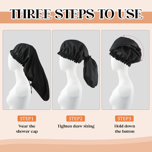 2 Pcs Large Shower Cap for Braids, Extra Long Shower Cap for Women Long Hair & Locs, Waterproof Hair Bonnets for Dreadlocks Drawstring Bath Caps for Women & Men (Black, Leopard) - color: Black, Leopard
