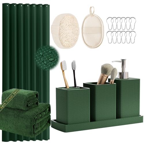 Resin Green Bathroom Set, Dark Green Bathroom Accessories Set with Shower Curtain, Bath Towel Sets, Natural Loofah Sponge, Soap Dispenser, Toothbrush Holder, Bathroom Tumbler and Tray for Bathroom - size: Bath Set+Shower Curtain+Towel Set+2PCS Loofah, sty