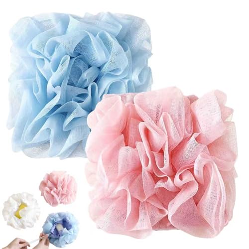 2 in 1 Loofah Sponges 2-Pack Dual-Sided Exfoliating Bath Sponges for Shower & Loofah Washcloth for Bar Soap Premium Body Scrubber with Drawstring for Gentle Skin Smoothing - Blue＆Pink - style: Blue＆Pink