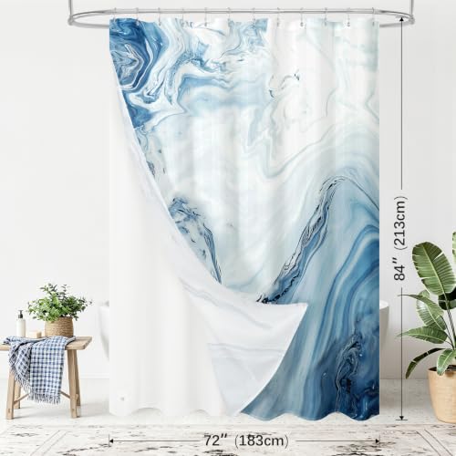MitoVilla 3 in 1 Extra Long Blue Marble Shower Curtain Set-72 W x 84 H, Modern Ripple Shower Curtain and Waterproof Fabric PEVA Liner Set with 12 Stainless Steel Hooks - color: 3 in 1 - Blue, size: 72"W x 84"L (Pack of 1)